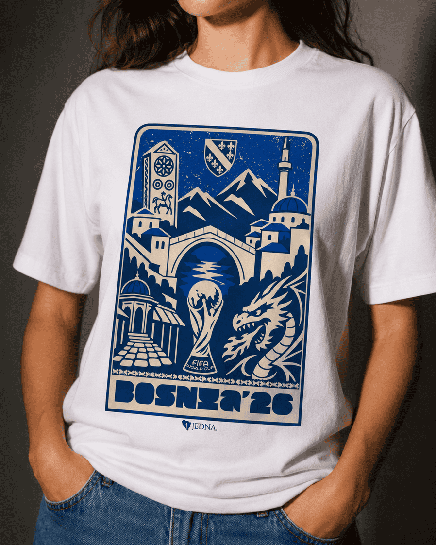 Bosnia and Herzegovina, World Cup 2026, White t-shirt with blue graphic design featuring a dragon and architectural elements, worn by a person.